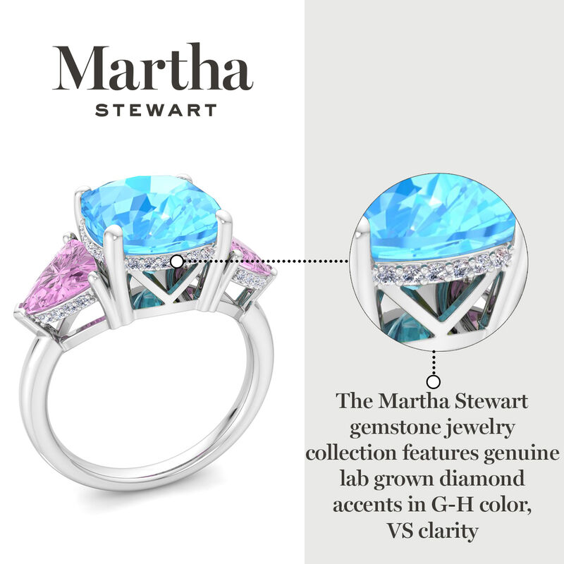 Martha Stewart 8ctw. Cushion Blue Topaz, Pink Sapphire & Lab Grown Diamond Three Stone Ring In Sterling Silver image number null